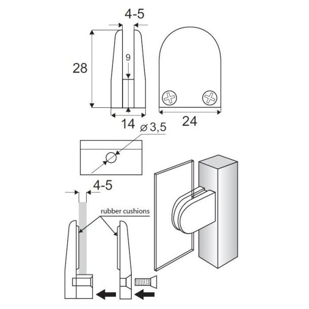 Glasklemme "S" til 4-5mm Glas/Akryl - Mat Forniklet
