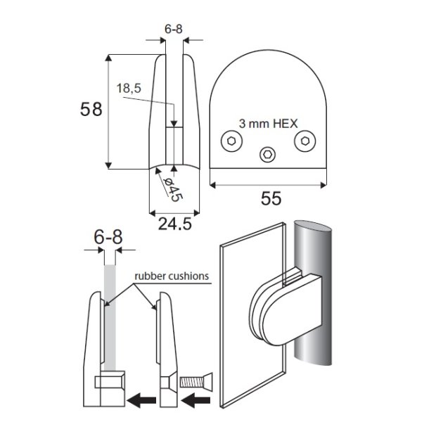 Glasklemme "XL" til 6-8mm Glas/Akryl - til Rr - Krom