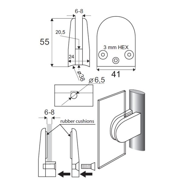 Glasklemme "M" til 6-8mm Glas/Akryl - til Rr - Mat