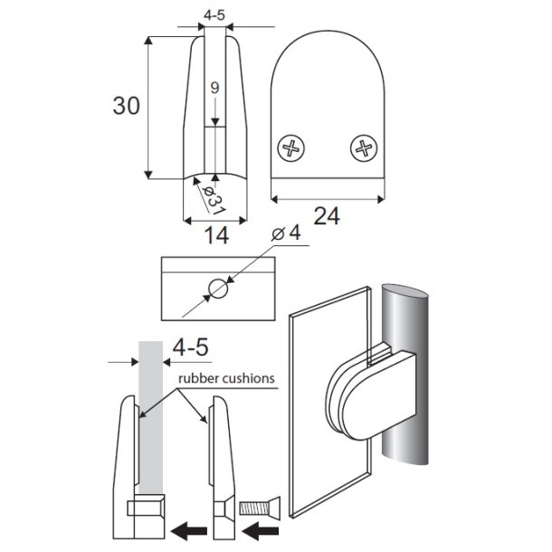 Glasklemme "S" til 4-5mm Glas/Akryl - til Rr - Krom