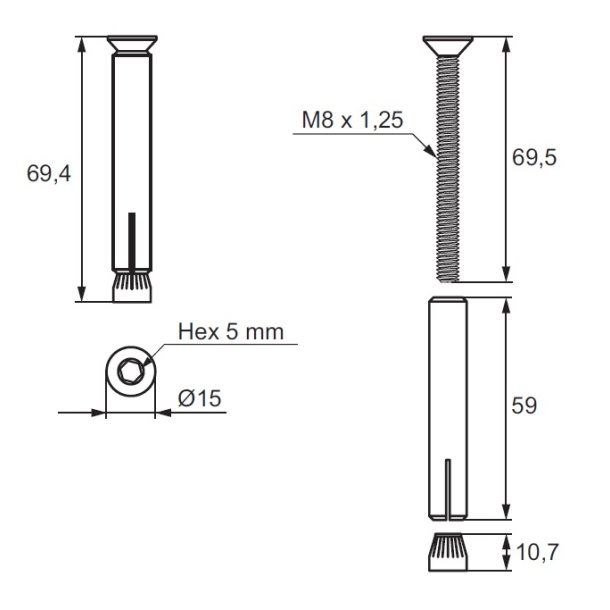 Ekspansionsanker med Bolt M8x70mm - Rustfri (AISI 316)