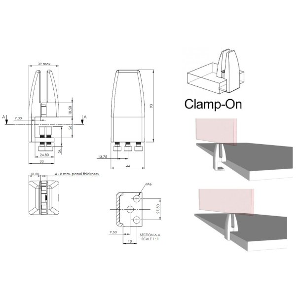 Vrnbeslag til 4-8mm Glas/Akryl - Holder Om Bordkant - Hvid
