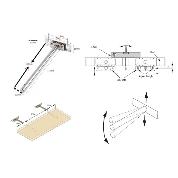 Skjult Hyldebrer 12x180mm - Justerbar