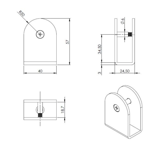 U-Vgbeslag 57x40x3mm -  Rustfri Stl