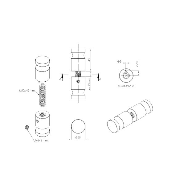 Drknop til Toiletbs 25x40mm - Sort - Rustfri Stl