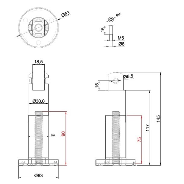 Fod til Toiletbs (118-175mm) - Sort - Rustfri Stl