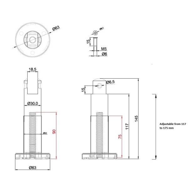 Fod til Toiletb�s (118-175mm) - Rustfri St�l 316 (Syrefast)