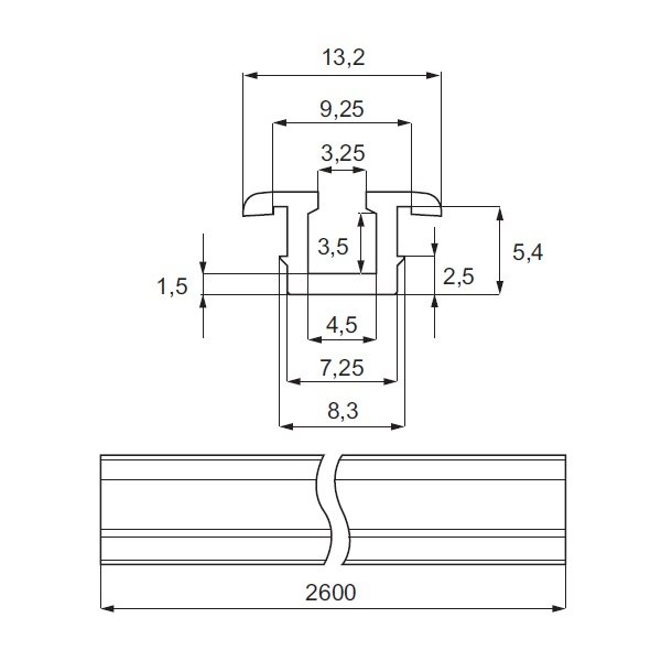 Sporskinne 2,6 Mtr. til Skydedrsbeslag 227111 - Hvid