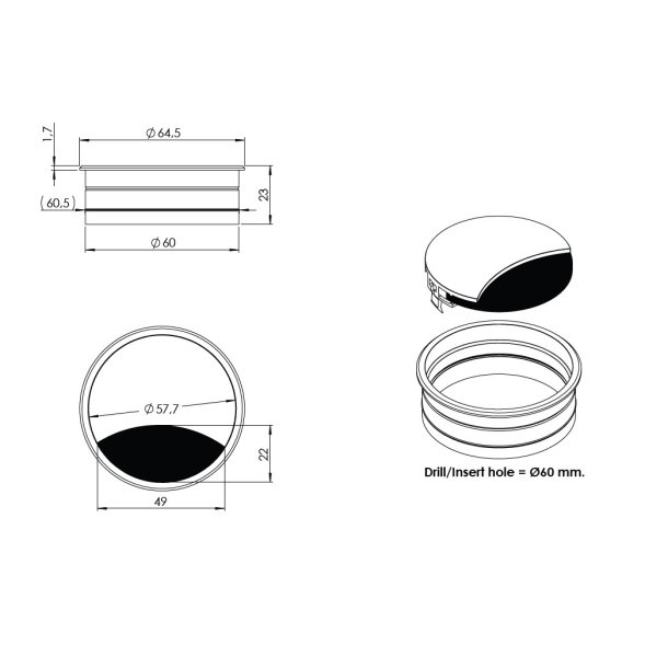 Kabelgennemfring "Odra" med Brster - 60x22mm - Sort