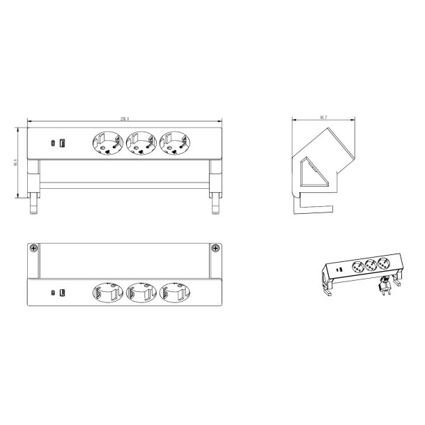 Stikd�se med Bordklemme -  3 Udtag, USB A + C