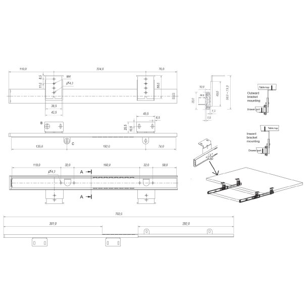 Hylde- og Skuffeudtrk 410mm - Elforzinket