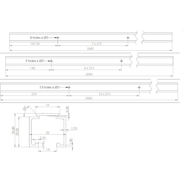 Skydedrsskinne KG80 -  3 Meter - Aluminium